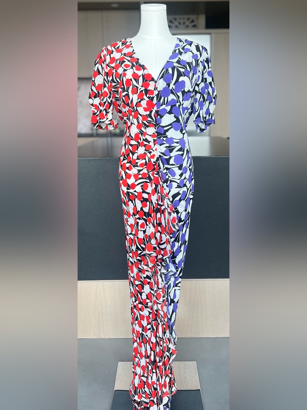 RIXO Split-Panel Floral Maxi Skirt in Red, Purple, Black and White